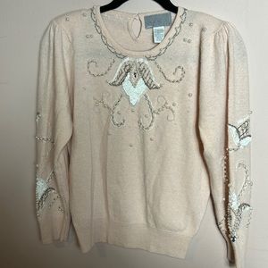 Vintage Lauren Cole Lambswool Beaded Sequin Scoop Neck Sweater Light Peach small